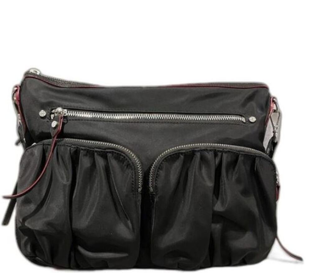 MZ Wallace Jane Black BEDFORD NYLON CROSSBODY Red Trim Pleated Pocket Bag